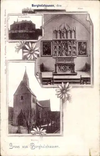 Ak Borgholzhausen in Westfalen, Volksschule, Kirche, Altar