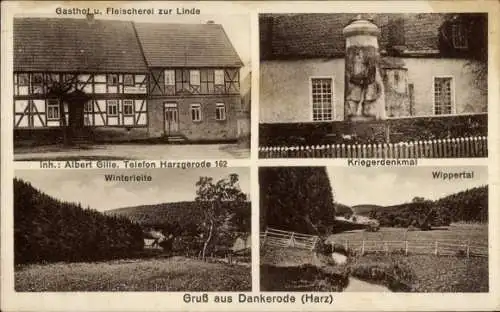 Ak Dankerode Harzgerode am Harz, Gasthof und Fleischerei zur Linde, Kriegerdenkmal, Winterleithe