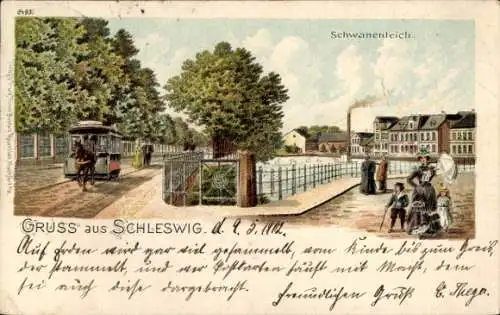 Litho Schleswig an der Schlei, Schwanenteich, Pferdestraßenbahn