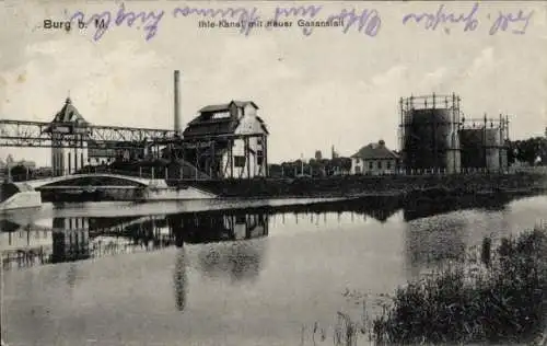 Ak Burg bei Magdeburg, Ihle-Kanal, Neue Gasanstalt