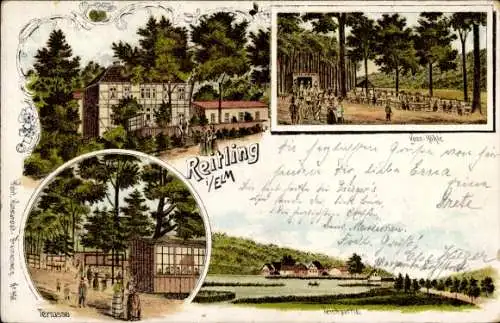 Litho Reitling im Elm Erkerode Niedersachsen, Teich, Voss-Höhle, Terrasse