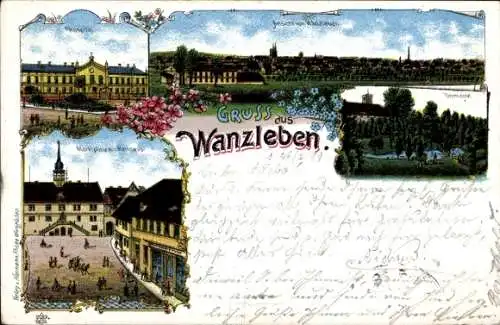 Litho Wanzleben Börde in Sachsen Anhalt, Marktplatz, Rathaus, Hospital, Domaine