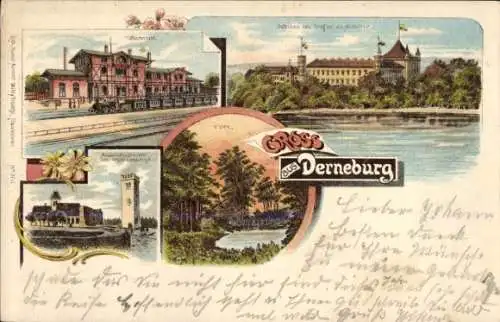 Litho Derneburg Holle in Niedersachsen, Bahnhof, Aussichtsturm, Schloss des Grafen zu Münster, Park