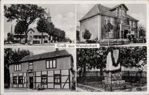 Ak Wendschott Wolfsburg in Niedersachsen, Schule, Kriegerdenkmal, Geschäftshaus