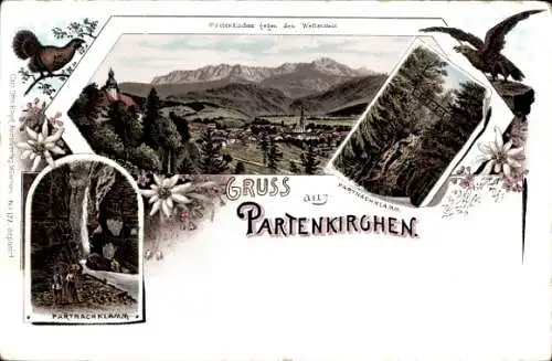 Litho Garmisch Partenkirchen in Oberbayern, Wetterstein, Partnachklamm, Brücke