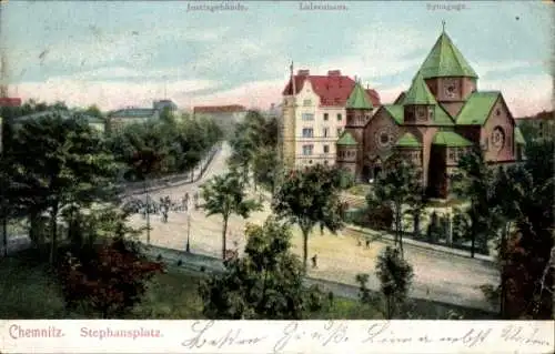 Judaika Ak Chemnitz in Sachsen, Stephansplatz, Justizgebäude, Luisenhaus, Synagoge