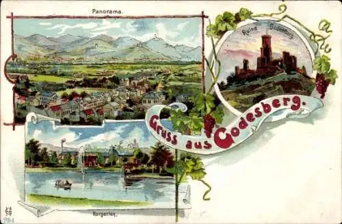 Litho Bad Godesberg Bonn Rhein, Panorama, Kurgarten, Burgruine