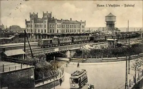 Ak Hamm in Westfalen, Bahnhof, Wasserturm, Straßenbahn