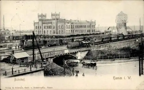 Ak Hamm in Westfalen, Bahnhof, Züge, Wasserturm