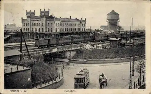 Ak Hamm in Westfalen, Bahnhof, Eisenbahn, Wasserturm, Straßenbahn