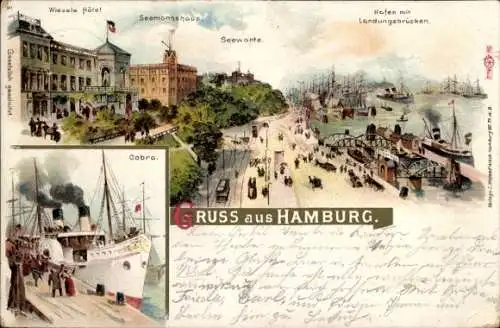 Litho Hamburg St. Pauli, Landungsbrücken, Wiezels Hotel, Seemannshaus, Seewarte, Dampfer Cobra