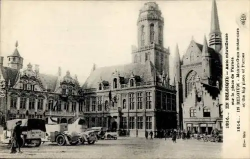 Ak Furnes Veurne Westflandern, Auto mitrailleuse sur la place de Furnes