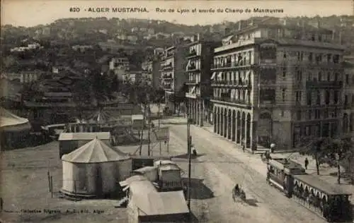 Ak Mustapha Algier Algier Algerien, Rue de Lyon und der Eingang zum Manöverfeld