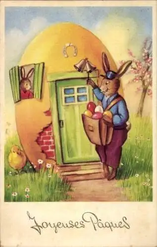 Ak Glückwunsch Ostern, Osterhase als Briefträger, Ostereier