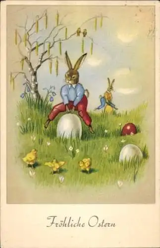 Ak Glückwunsch Ostern, Osterhasen, Ostereier, Küken