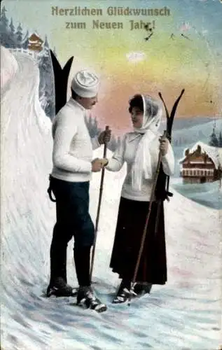 Ak Glückwunsch Neujahr, Skifahrt