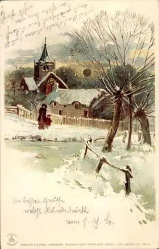 Litho Spaziergang im Winter, Schnee, Haus, Sonnenschein