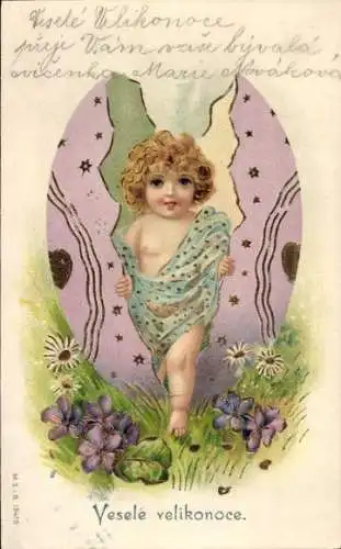 Präge Litho Glückwunsch Ostern, Kind, Eierschale, Veilchen