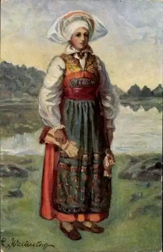 Künstler Ak Frau in schwedischer Tracht, Österaker, Södermanland
