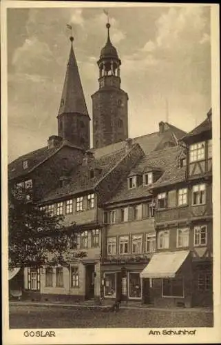 Ak Goslar am Harz, Am Schuhhof, Geschäft, Glockenturm