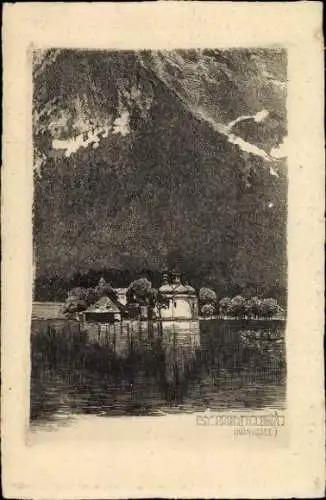 Künstler Ak St. Bartholomä Schönau am Königssee, Seepartie mit Blick nach St. Bartholomä