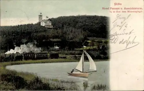 Ak Plön am See Holstein, Hotel Parnass, Aussichtsturm, Segelboot, Dampflok, Eisenbahn