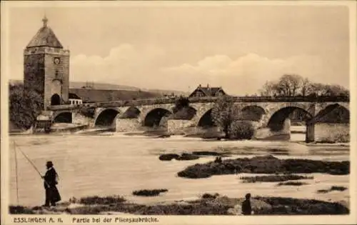 Ak Esslingen am Neckar, Pliensaubrücke, Angler, Tor