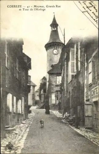 Ak Meymac Corrèze, Grande Rue und Uhrturm