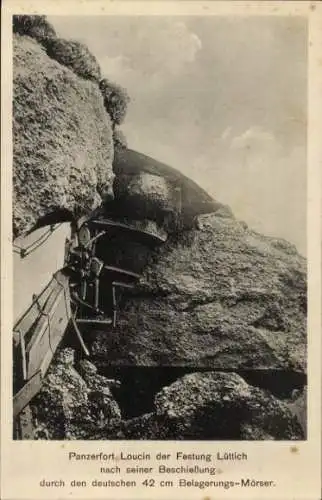 Ak Panzerfort Loncin der Festung Lüttich nach Beschießung durch deutschen 42 cm Belagerungsmörser