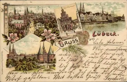 Litho Hansestadt Lübeck, Hafen an der Trave, Schifferhaus, Blick vom Dom, Holstentor