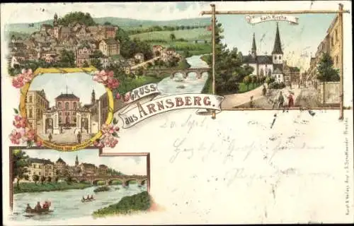 Litho Arnsberg im Sauerland Westfalen, Panorama, katholische Kirche, Brücke