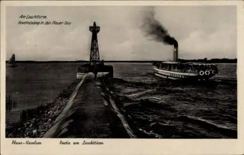 Ak Plaue Brandenburg an der Havel, Leuchtturm, Dampfschiff, Havelmündung in den Plauer See