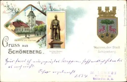 Litho Berlin Schöneberg, Alte Kirche, Pfarrhaus, Denkmal Kaiser Wilhelm I., Wappen
