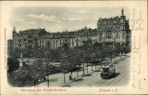 Relief Ak Plauen im Vogtland, Albertplatz, Bismarckdenkmal, Straßenbahn
