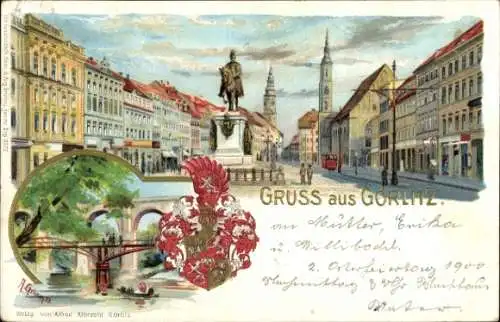 Wappen Künstler Litho Grimm, A., Görlitz in der Lausitz, Straßenpartie, Reiterstandbild, Brücke