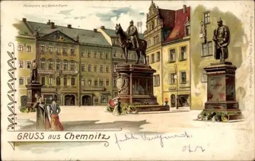 Litho Chemnitz in Sachsen, Marktplatz mit Denkmal, Passanten