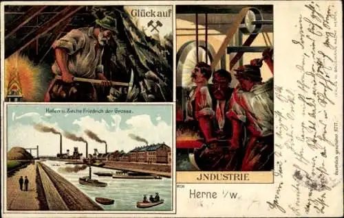 Präge Litho Herne Westf., Hafen, Zeche Friedrich der Große, Industrie, Glück auf, Bergmann, Arbeiter