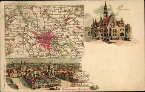 Landkarten Litho Wrocław Breslau Schlesien, Stadtpanorama, Rathaus