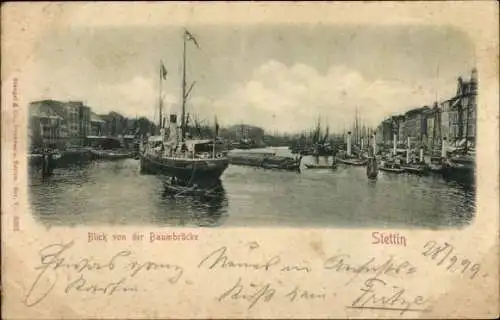 Relief Ak Szczecin Stettin Pommern, Blick von der Baumbrücke, Hafen, Dampfer