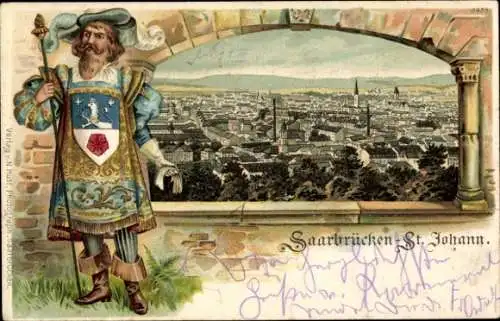 Präge Wappen Passepartout Litho St. Johann Saarbrücken im Saarland, Panorama