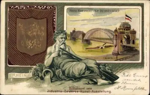 Präge Wappen Passepartout Litho Düsseldorf, Neue Rheinbrücke, Vater Rhein, Ausstellung 1902