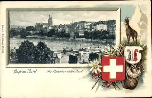 Präge Wappen Passepartout Ak Base Stadt Schweiz, Alte Rheinbrücke mit Großbasel