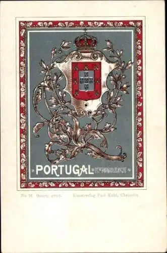 Wappen Litho Königreich Portugal, Paul Kohl Chemnitz No. 16