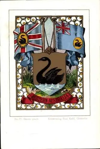 Wappen Künstler Ak Western Australia Australien, Schwarzer Schwan, Fahnen, Paul Kohl Chemnitz No. 77