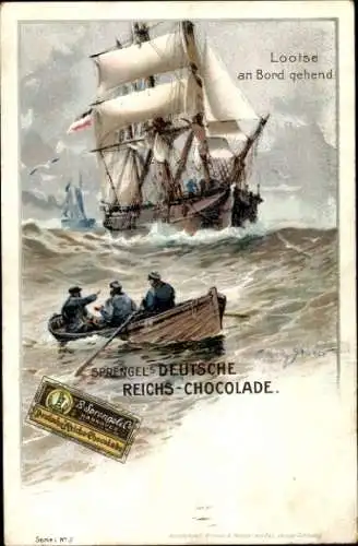 Künstler Litho Stöwer, Willy, Reklame, Sprengel Chocolade, Lootse an Bord gehend, Segelschiff