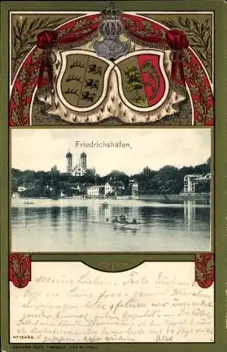 Präge Wappen Passepartout Ak Friedrichshafen am Bodensee, Teilansicht vom See aus