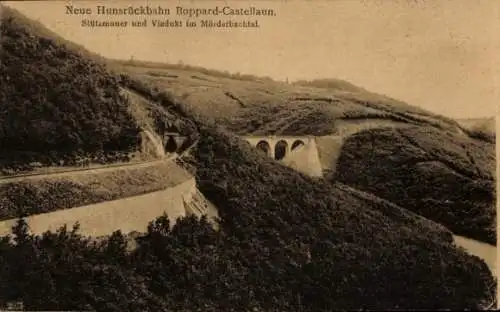 Ak Boppard am Rhein, Neue Hunsrückbahn, Stützmauer, Viadukt im Mörderbachtal