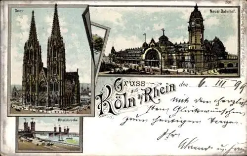 Litho Köln am Rhein, Dom, Neuer Bahnhof, Rheinbrücke