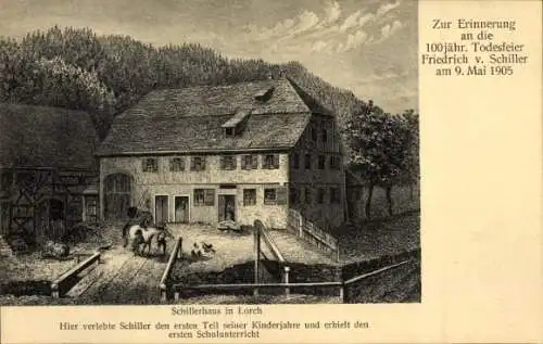 Künstler Ak Lorch Baden Württemberg, Partie am Schillerhaus, 100. Todestag 1905