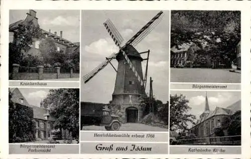 Ak Issum am Niederrhein, Krankenhaus, Herrlichkeitsmühle, Bürgermeisteramt, Katholische Kirche